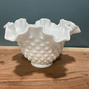 Fenton White Milk Glass Hobnail Bowl Ruffled Rim Crimped 6.5" X 4"